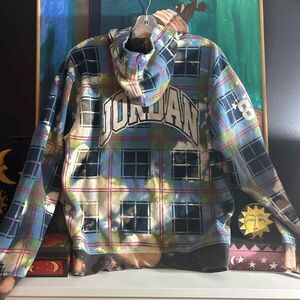 Air Jordan Essential Blue Green Plaid Holiday Hoodie DV1578-333 Men’s Size M